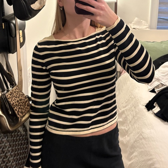 Frame Denim Tops - Frame Knit Boatneck Black and Cream Striped Top